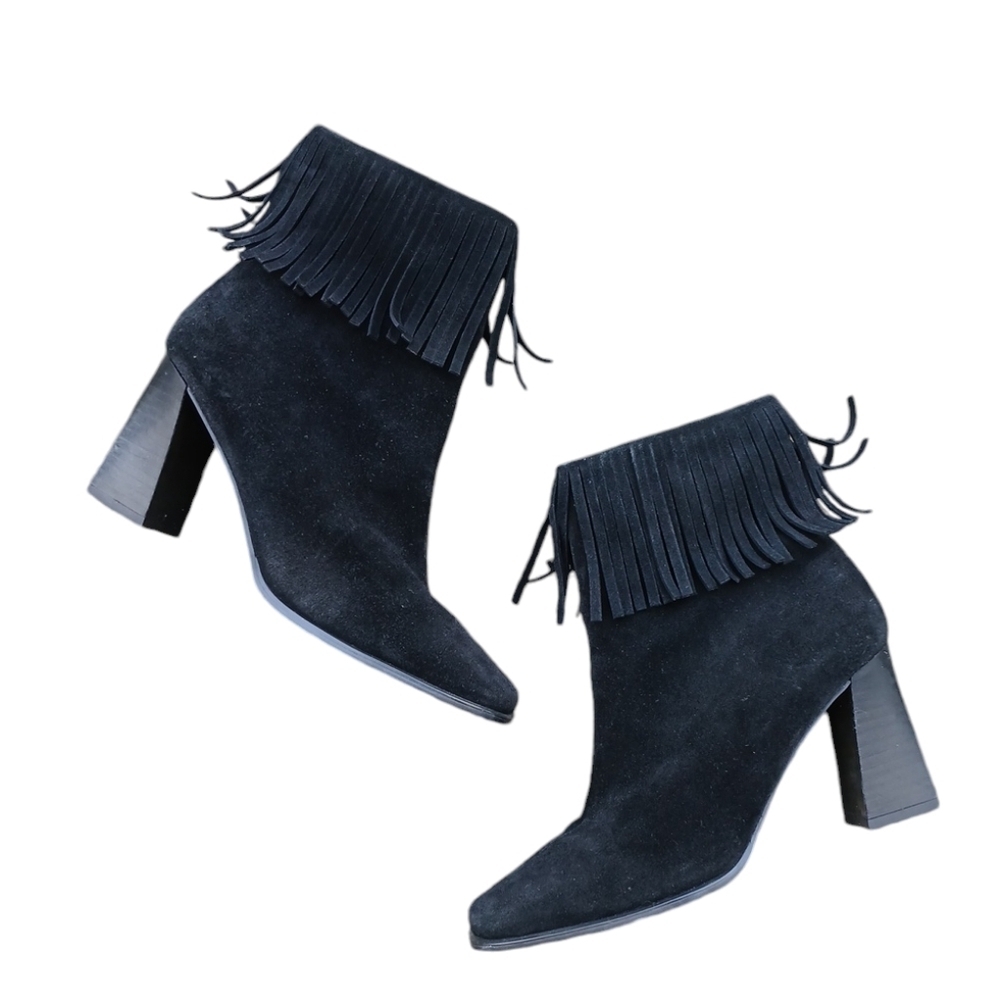 Vintage Pazzo Tune Black Suede Fringe Heeled Boots Booties size 6.5